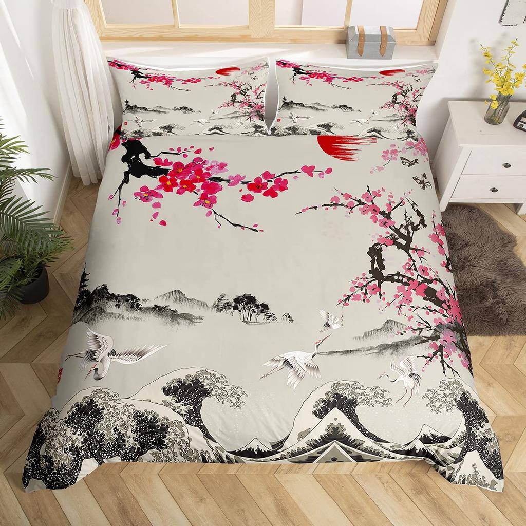 Crane Bedding Set Girl Cherry Blooming Fuji Mountain Sun Duvet Cover Kids Women Lotus Floral Comforter Cover Watercolor Decor