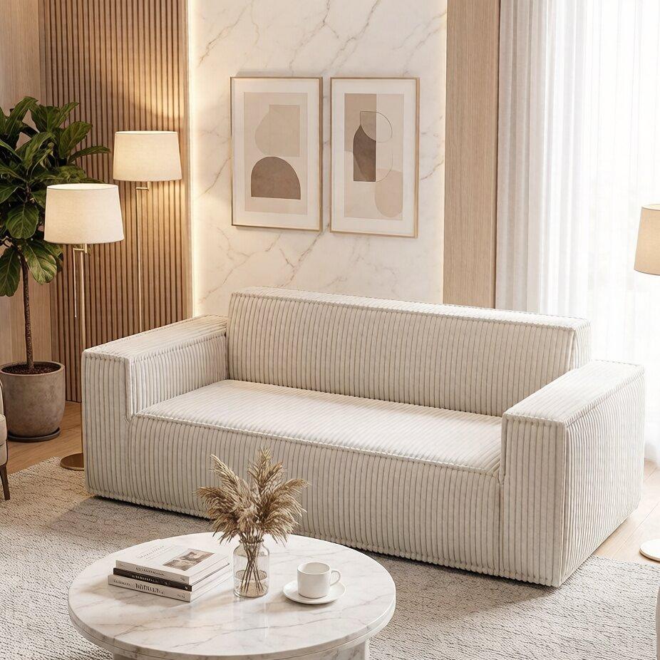 Modern Corduroy Sofa Couch, 2 Seater with Deep Seat, Couch for Living Room/Apartment/Office/Home, No Legs/No Installation/Easy to Transport (white)