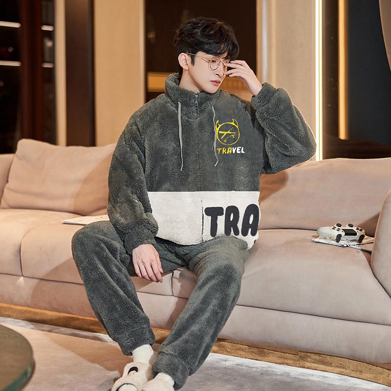 Антистатический коралловый флис мужской зимний пижамный комплект утепленная фланель теплая пижама большого размера на молнии мягкая мужская пижама домашняя одежда