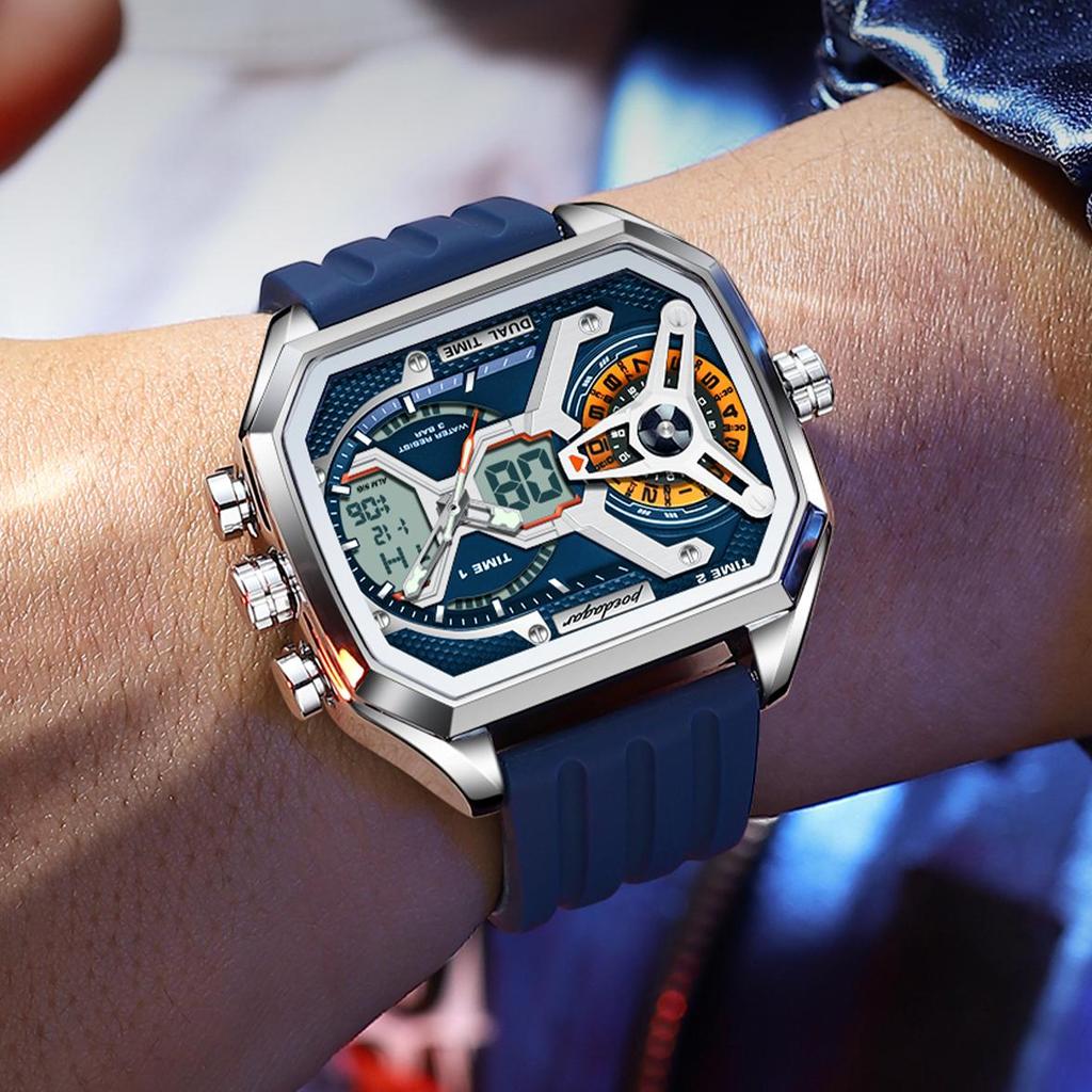 Роскошные мужские часы LED Календарь Неделя Светящиеся Мужские Наручные часы Электронные Прямоугольные Силиконовый Ремешок Кварцевые Мужские Часы