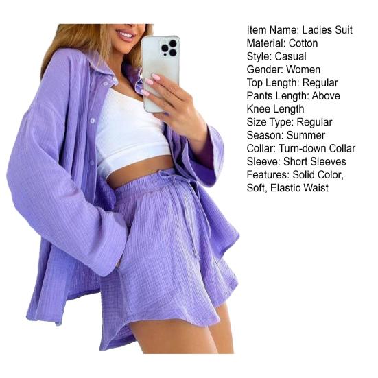 2 шт./компл., женская рубашка, шорты, комплект, однобортный однобортный комплект с высокой талией и длинными рукавами, свободный шнурок, эластичная резинка на талии, однотонный женский наряд