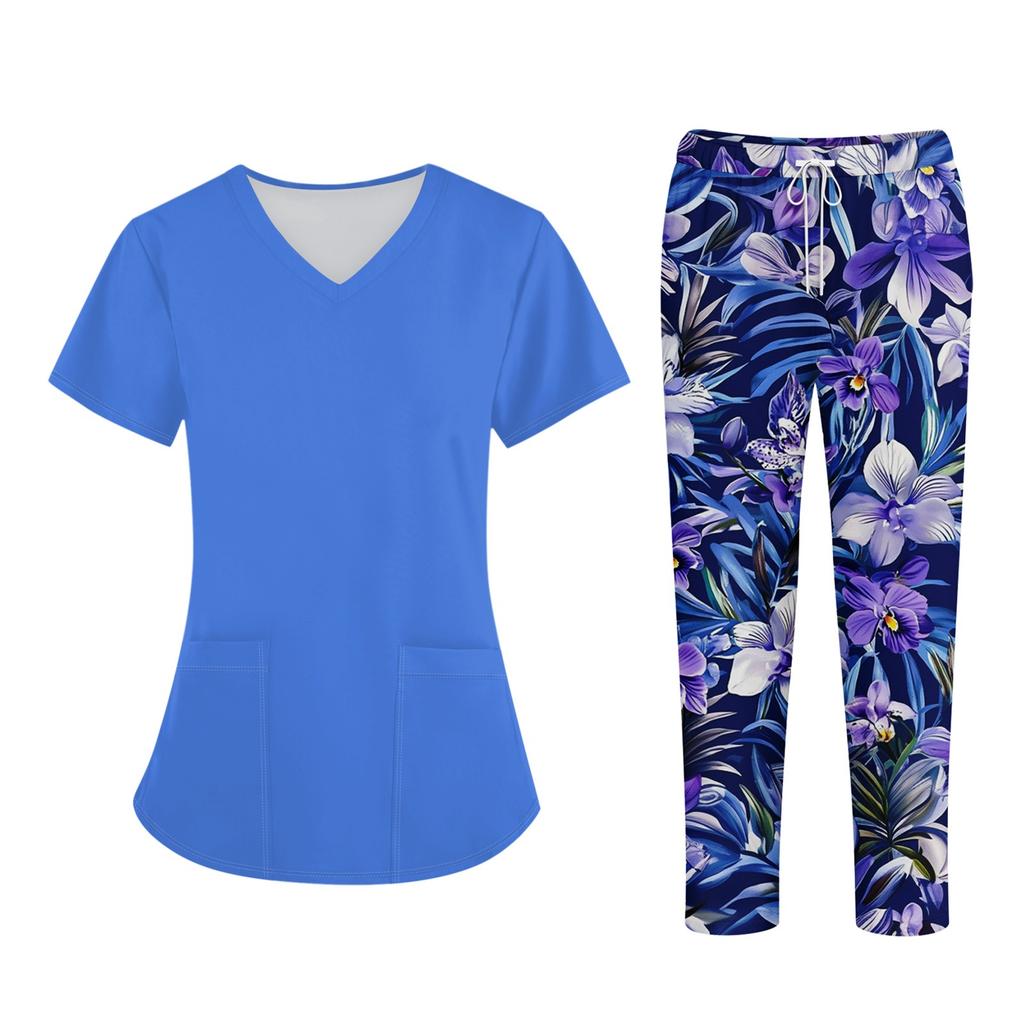 Плюс размерСкраб с принтом Рабочая форма Топы для женщин Крест V-образным вырезом Хэллоуин Принт с короткими рукавами Забавные футболки Спецодежда Футболка с карманами