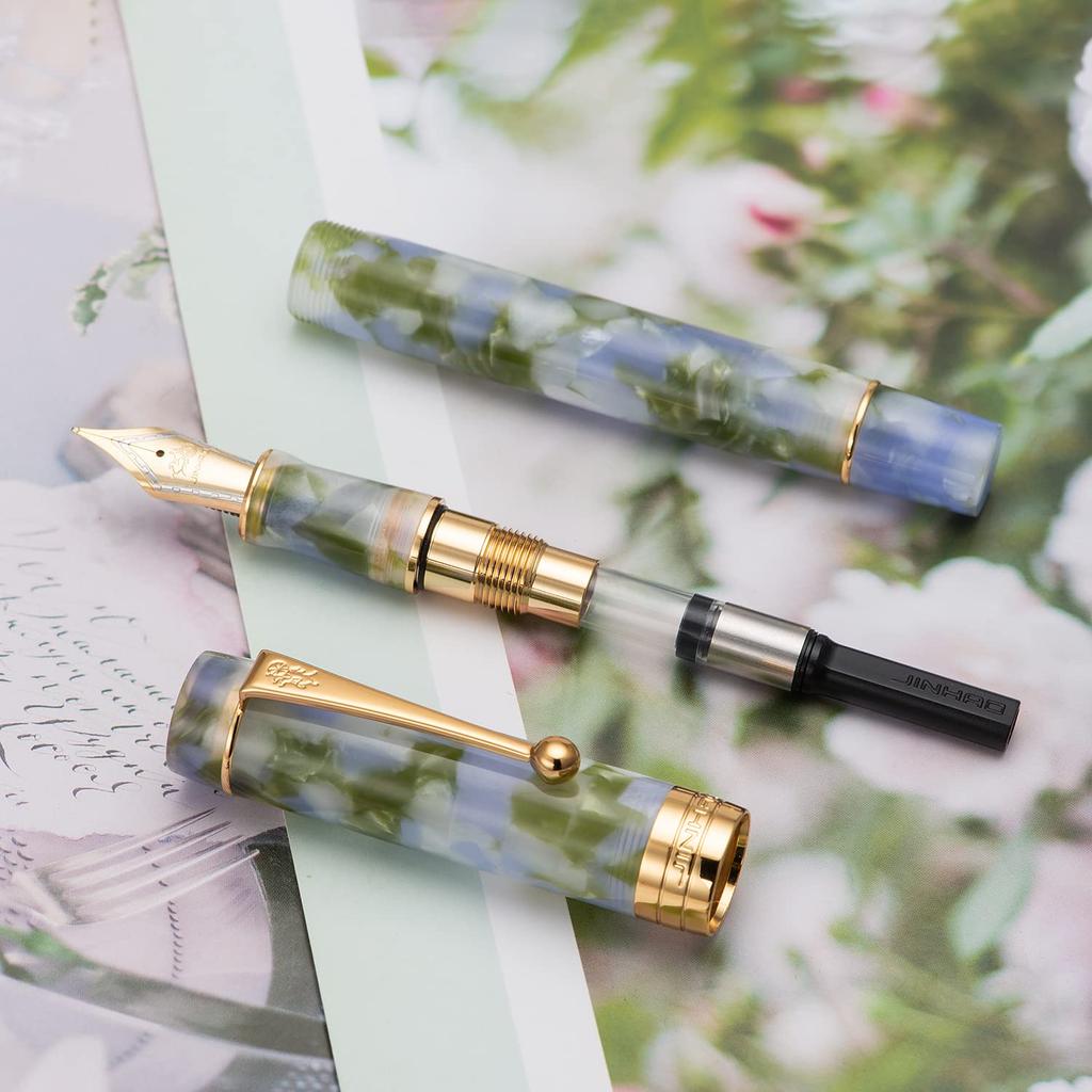 Lanxivi Jinhao Классическая перьевая ручка Экстратонкий конвертер и набор пенал Ручка, Сине-зеленый целлулоид, Перо,