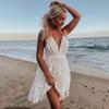 Fashion Sexy Backless V-neck Summer Beach Boho Dress Sleeveless Short Mini Sundress Lace Club Party Evening Dress
