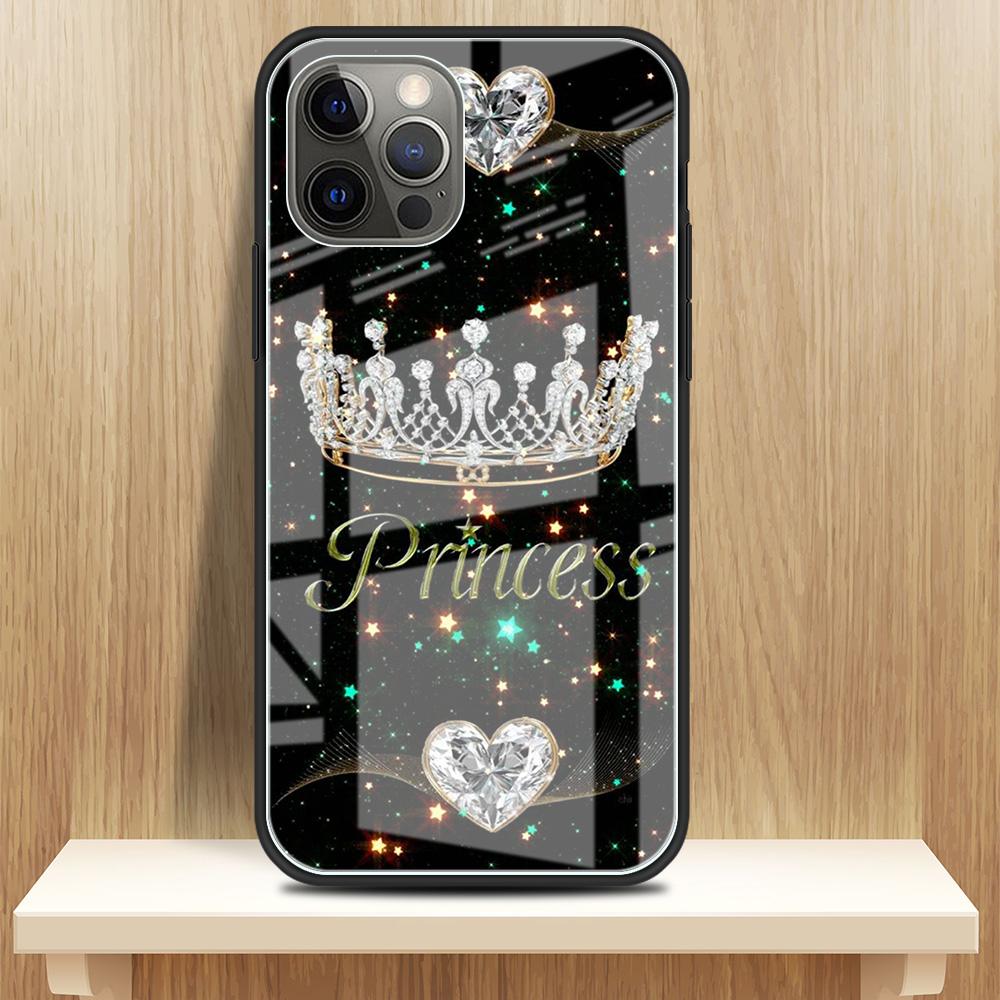 Стеклянный чехол с принтом алмазной короны для iPhone 11 13 12 14 Pro XR X XS Max 7 8 6 6S Plus SE 2020, чехлы для телефонов с закаленным черным краем