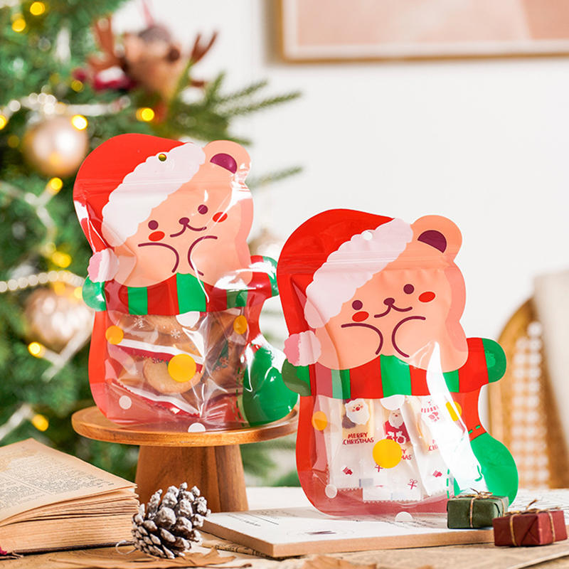 25Pcs Christmas Gift Bags Thickened PP Waterproof Seal Packaging Christmas Tree/bear Shaped Bag for Kids Holiday Party & Biscuit Gift Packaging