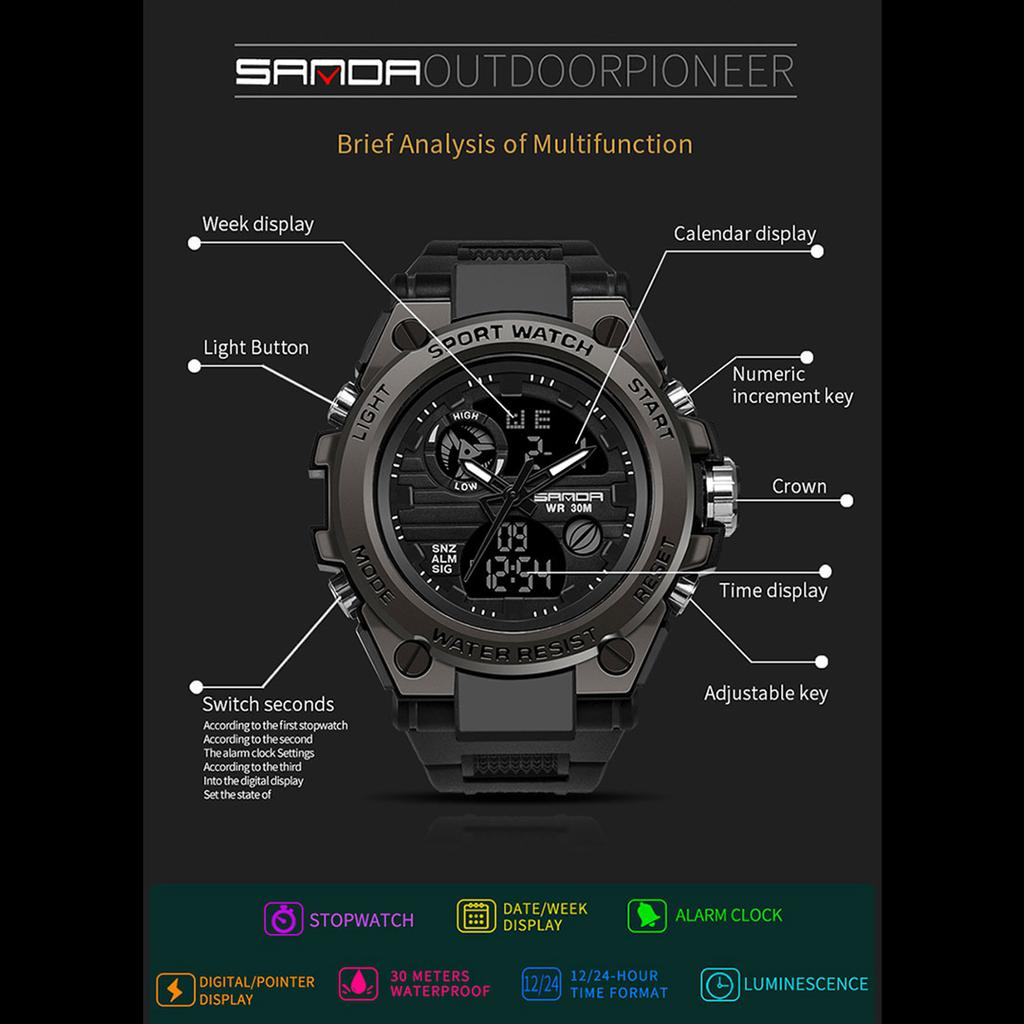 SANDA Модные многофункциональные специальные солдатские часы, мужские водонепроницаемые ночные часы с двойным шоу, фэнтезийные спортивные электронные часы