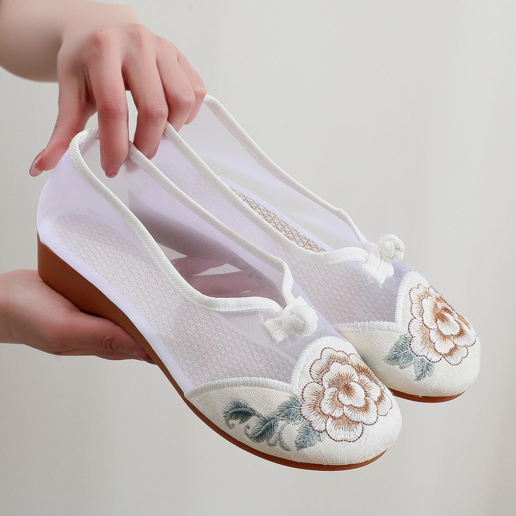 [Сетчатый пион] 2025 лето новая сетчатая дышащая обувь в стиле древнего ханьфу, этнический стиль, вышивка, одинарная обувь