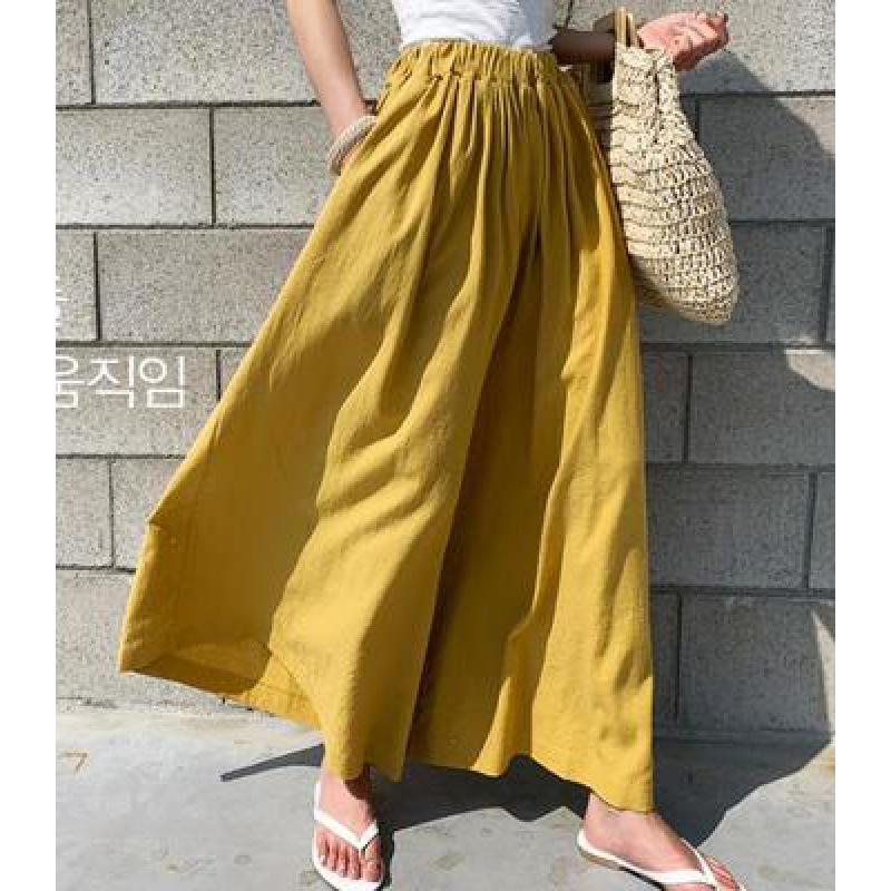 2024 Summer Women's Retro Pure Linen High-Waist A-Line Midi Skirt