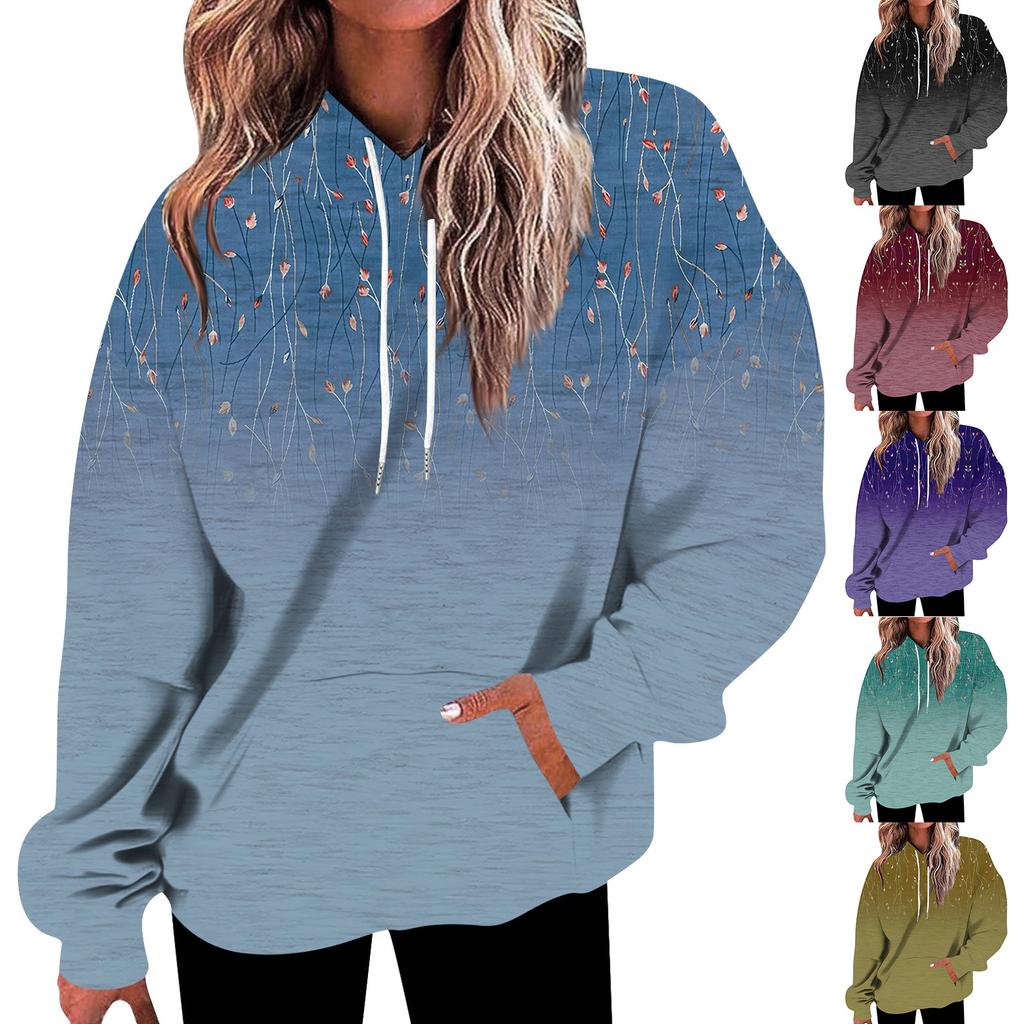 Women's Fashion Loose Casual Daily Long Sleeve Hoodie Floral/Leaf Print Sweatshirt Top