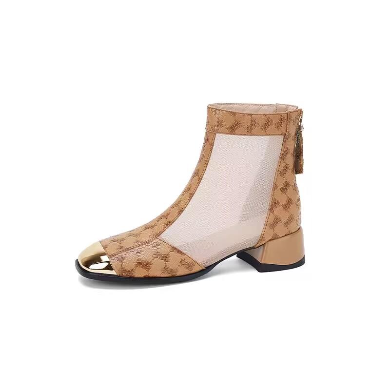 2024 Летние женские сетчатые сапоги из натуральной кожи Босоножки из овчины с молнией сзади и металлическим носком Женские сандалии Дизайнерские сандалии