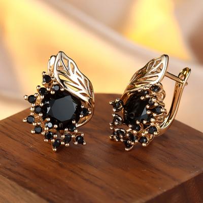 Богемские серьги-кольца с черным цирконием в виде листьев и цветов для женщин, роскошные золотые свадебные украшения