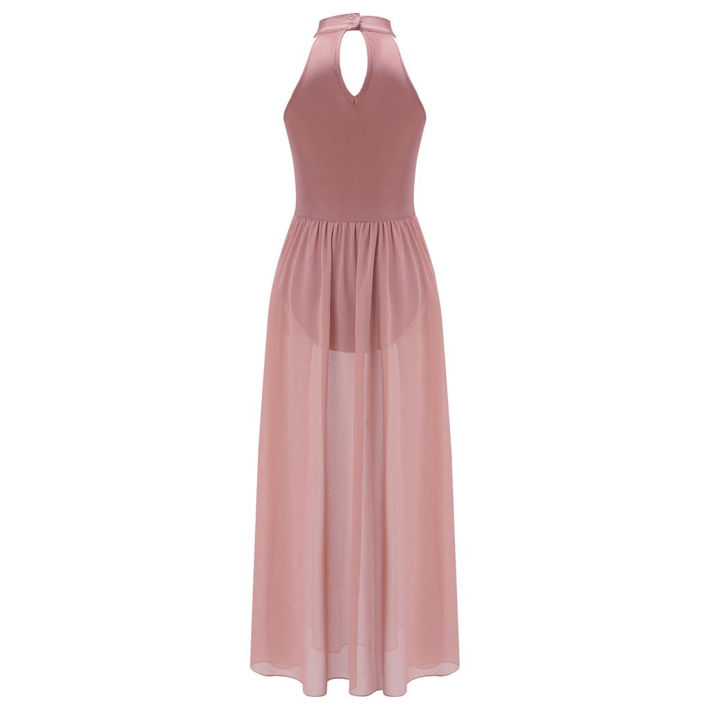 Детское платье для девочек с цветными блоками, лирическое танцевальное платье, шифоновое, без рукавов, длинное платье с разрезом для современного танцевального костюма