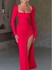 Sexy Square Neck Long Sleeve Bodycon Dress with Slit and Tie-up Design
