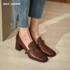 2024 New Square Toe Slip On Women Shoes Genuine Leather Shallow Ladies Shoes Spring Autumn Concise Square High Heels Size34-42