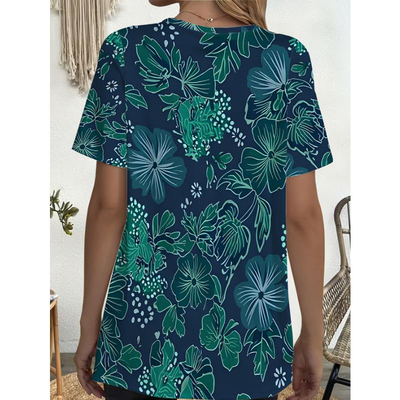 Ladies' oversized tropical floral print T-shirt with pocket design, suitable for daily wear