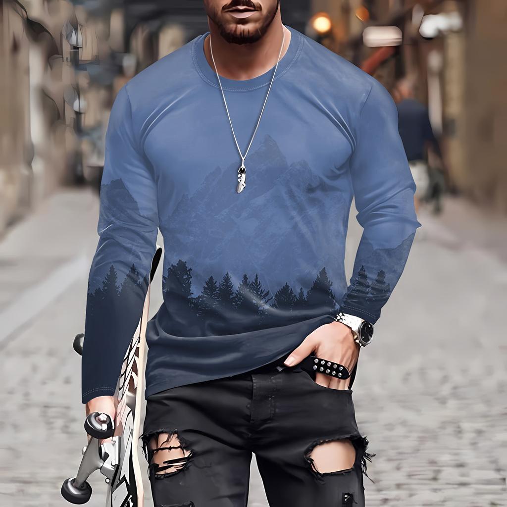 Муж. Футболка Круглый вырез Одежда Одежда На открытом воздухе Длинный рукав С принтом Модельер Винтаж