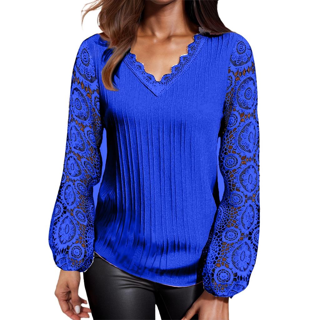 Женская свободная повседневная футболка с v-образным вырезом и кружевом в стиле пэчворк с длинными рукавами