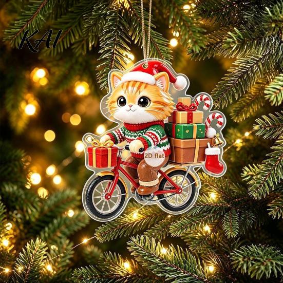 Acrylic Holiday Ornaments Christmas Cat Pendant with Hanging Rope, 2D Flat Ornament for Xmas Tree Unique Gift Ideas Decoration, Cute Decor,