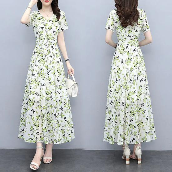 Women's Floral Print Maxi Dress Summer V Neck Short Sleeve Long Dress Casual Swing A-line Beach Sundress
