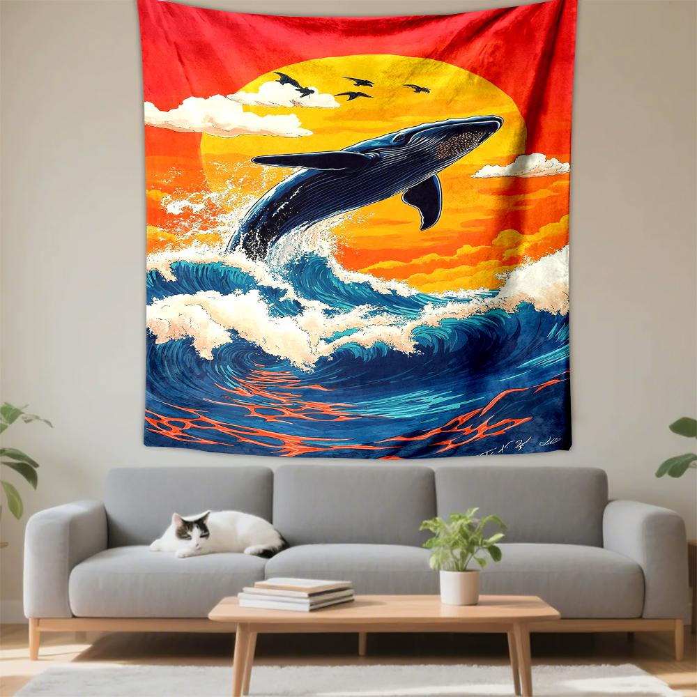 Whale Jumping in Sunset Ocean Art Patterned tapestry for bedroom and living room home decor
