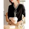 Knitwear Women's Spring and Autumn Temperament V-neck Bow Belt Loose Thin Long-sleeved Blouse
