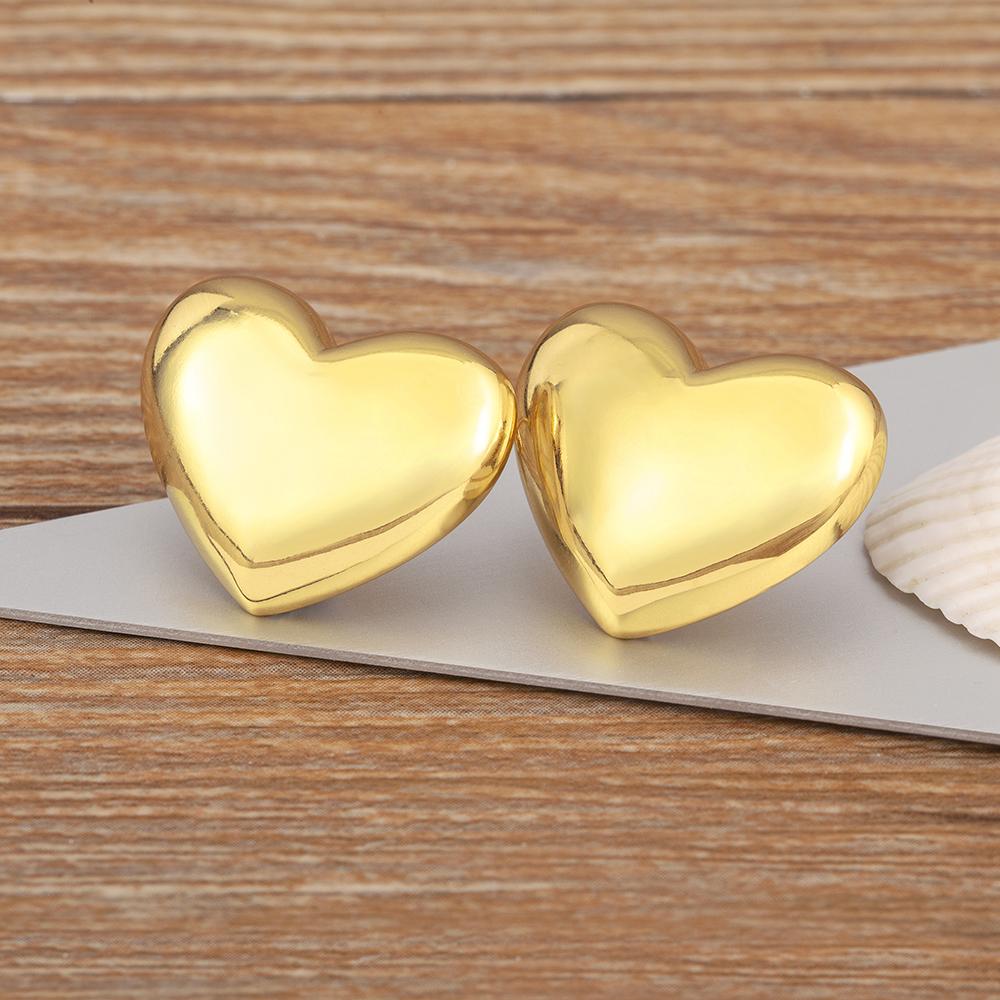 Nidin New Retro Copper Heart Shape Charm Stud Earrings S/L Size For Women Female Birthday Party Ear Jewelry Accessories Gifts