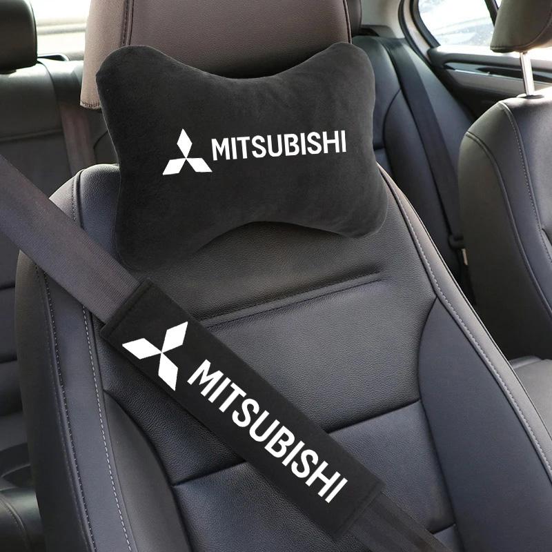 For Mitsubishi Car Headrest Neck Protector Pillow Suede Leather Seat Belt Shoulder Pads Outlander I200 Pajero Eclipse ASX Lancer