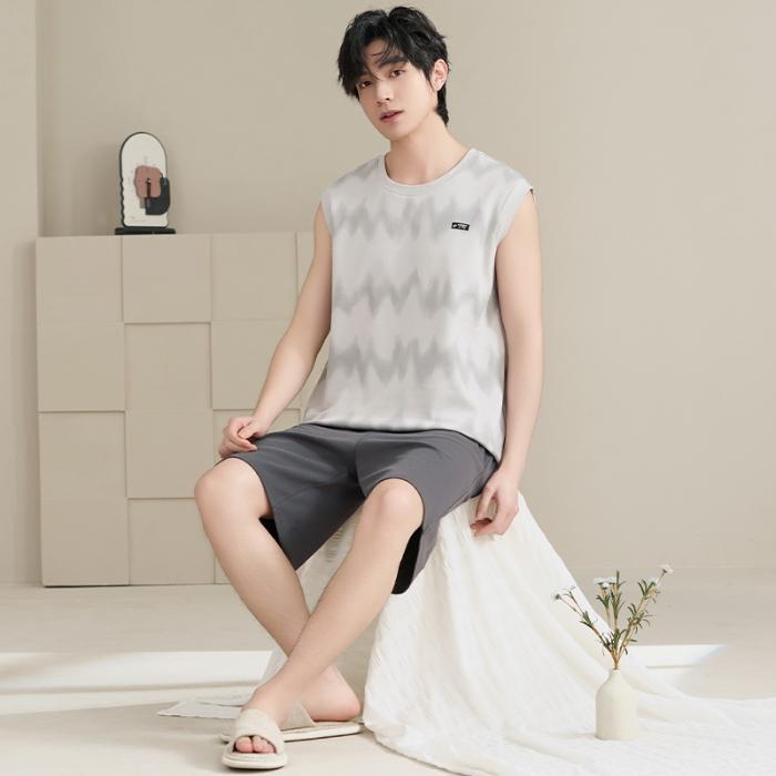 2025 летняя мужская пижама в полоску из чистого хлопка для отдыха с эластичным поясом для мальчиков, майки и шорты, мягкая пижама, домашняя одежда