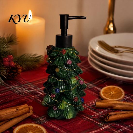 Festive Soap Dispenser Resin Christmas Tree Dispenser, Refillable Liquid Hand Shampoo Shower Gel Container, Empty Pump Lotion Bottle for Bathroom