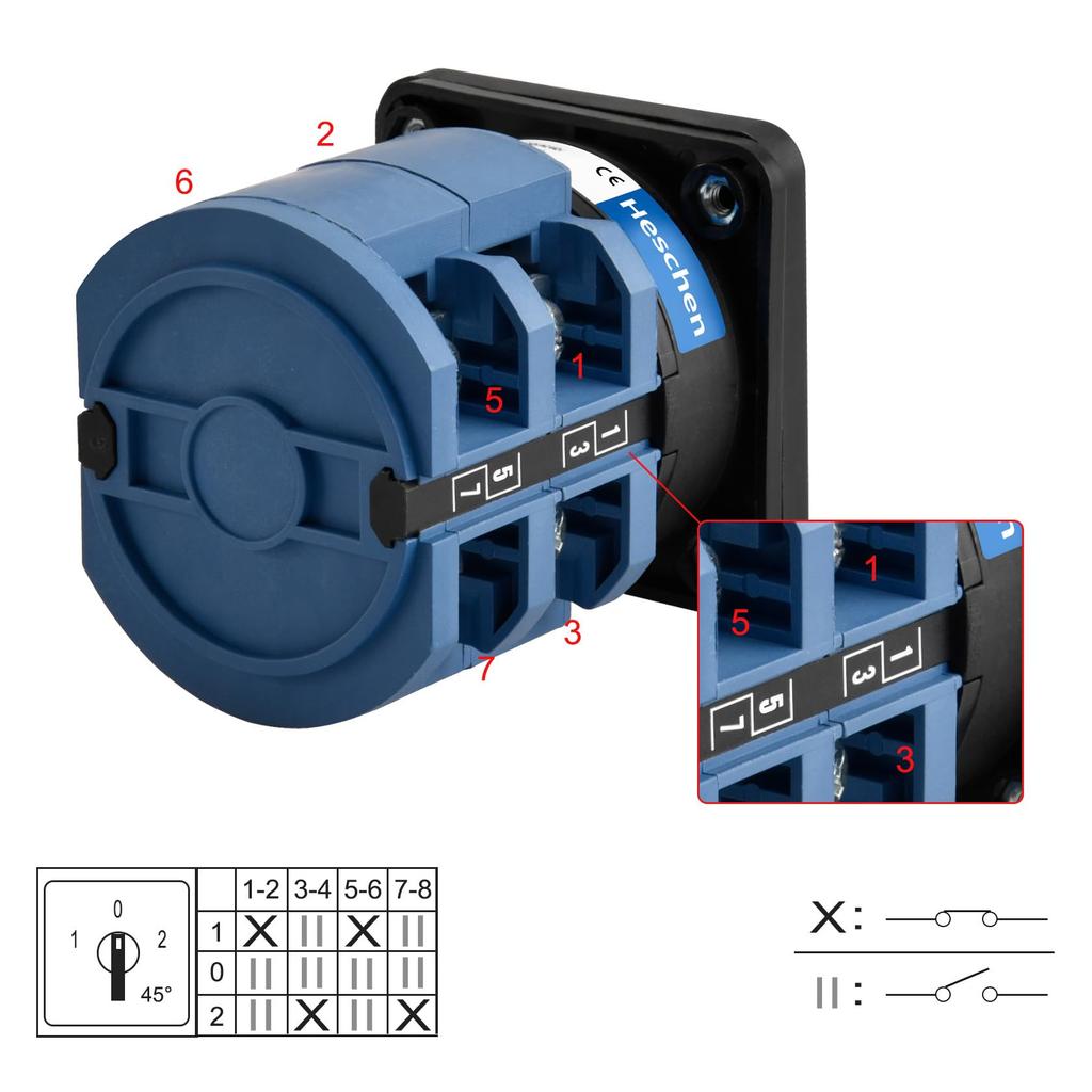 Heschen Universal Rotary Cam Selector Changeover 660V CE Switch, SZW26-63/D202.2, 63A, ON-OFF-ON, 3-Position, 2-Phase, 8-Terminal,