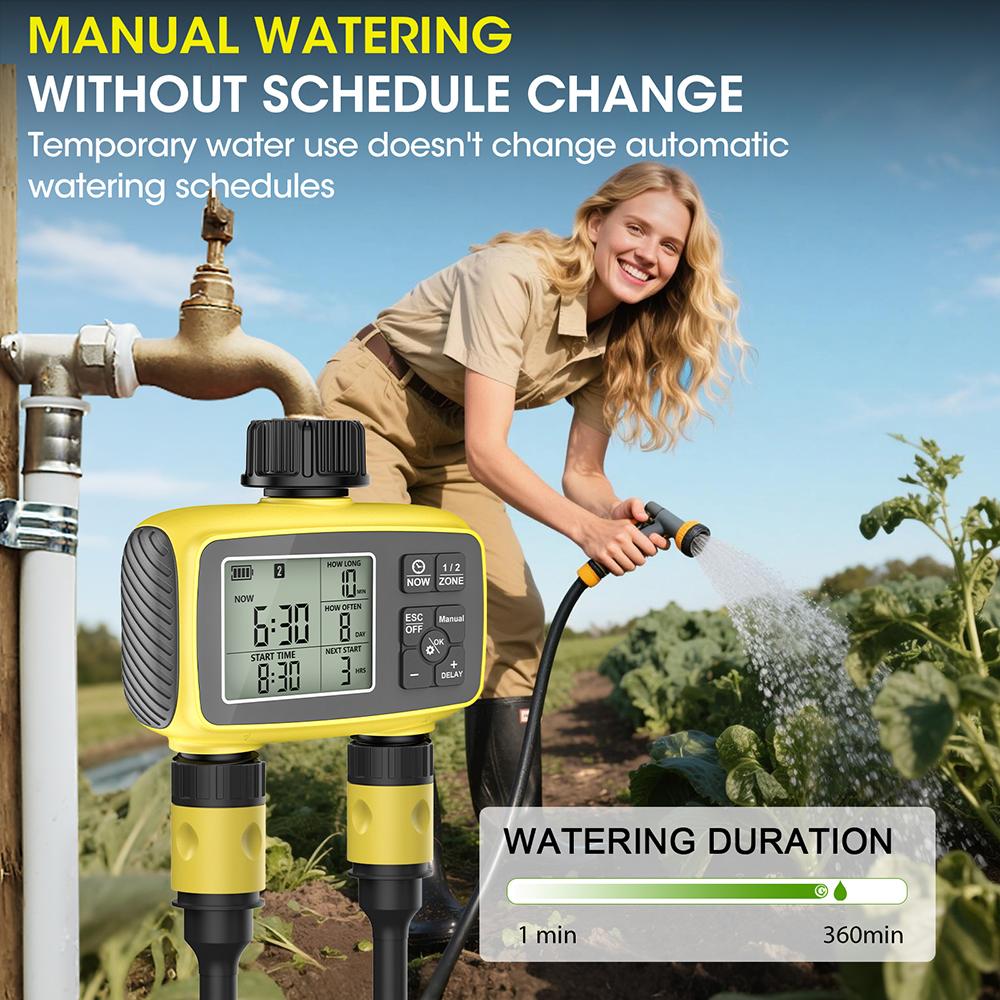 2 Zone Garden Irrigation Timer Large Screen Display Water Timer IPX5 Irrigation Timing Control System Automatic Watering Device