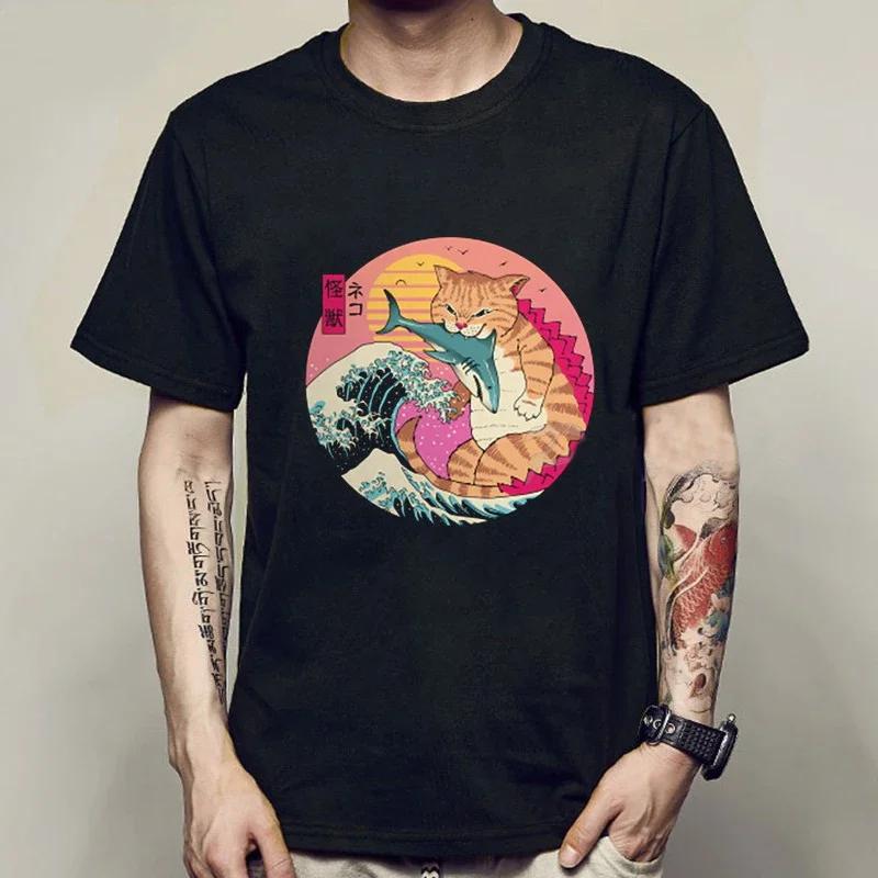 Новая модная летняя мужская футболка, повседневная футболка с коротким рукавом и принтом самурая и кота, аниме-футболка для мужчин и женщин, японские топы Neko Sushi Wave