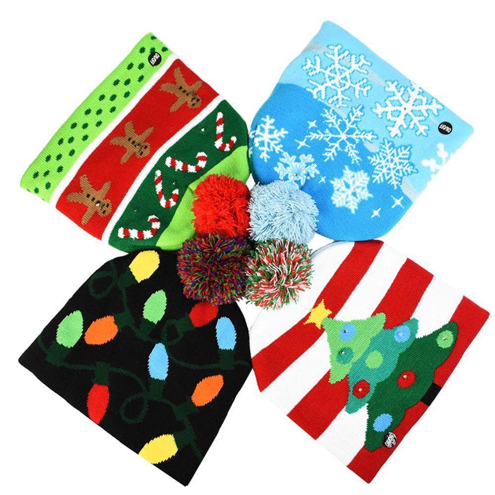 Xmas Tree Snowman Cartoon Knitted Cap Sweater Beanie Christmas Hat LED Hat