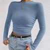 Модная тонкая футболка с круглым вырезом и длинным рукавом, элегантная однотонная трикотажная повседневная футболка для женщин, простая базовая женская укороченная футболка-пуловер 26148
