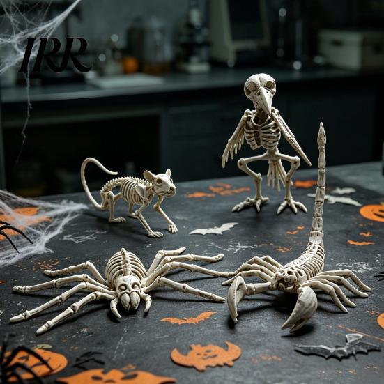 Detailed Bone Texture Ornaments Halloween Animal Skeleton Figurine, Realistic Crow Rat Scorpion Props for Haunted Durable Plastic Skull Set