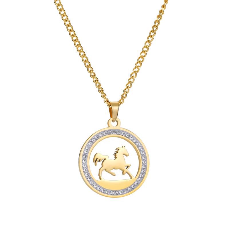 1 шт. Круглая подвеска-ожерелье Темперамент Инкрустированный бриллиантами Изысканная нержавеющая сталь Новогодний подарок Ожерелье с подвеской в виде лошади