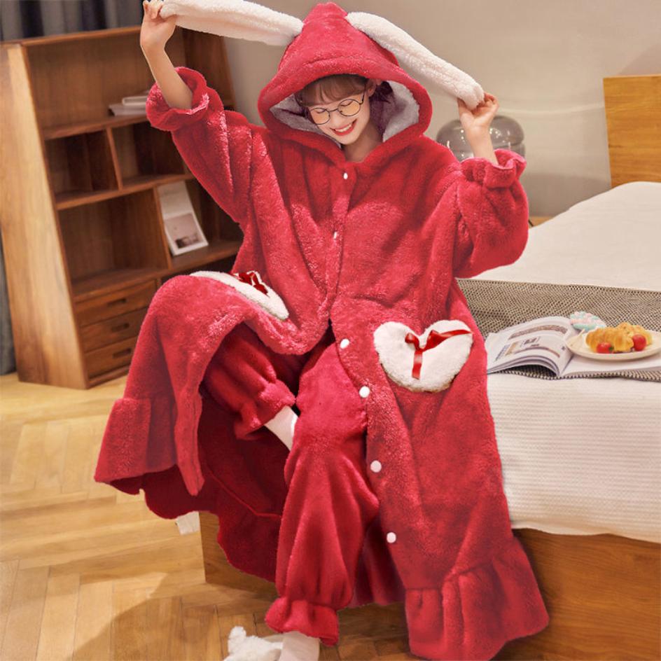 Coral Velvet Nightgown Women's Autumn and Winter Long Thickened Plush Home Clothes Lovely Flannel Pajamas Women's Two-piece Suit