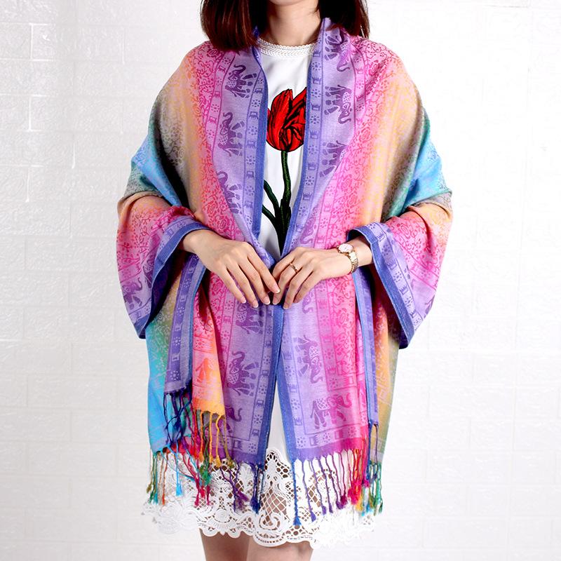 Shawl, Spring and Autumn Color Red Scarf, Large Shawl, Long Women's Cotton Scarf, Headscarf, Elephant Gradual Change Scarf