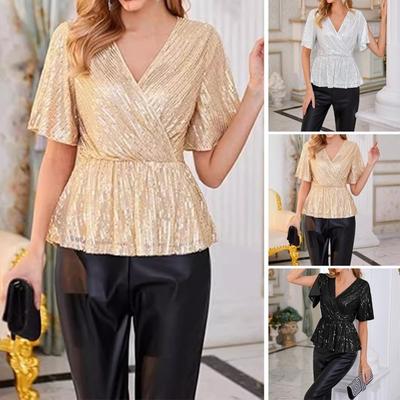 Женские топы с пайетками, V-образным вырезом, рукавами-оборками, блестящими блузками, обтягивающими талию, эластичным подолом, вечерние коктейльные блестящие топы