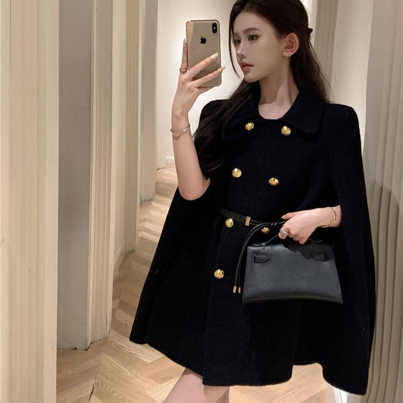 Осень-зима Женское роскошное шерстяное двубортное пальто-накидка с поясом