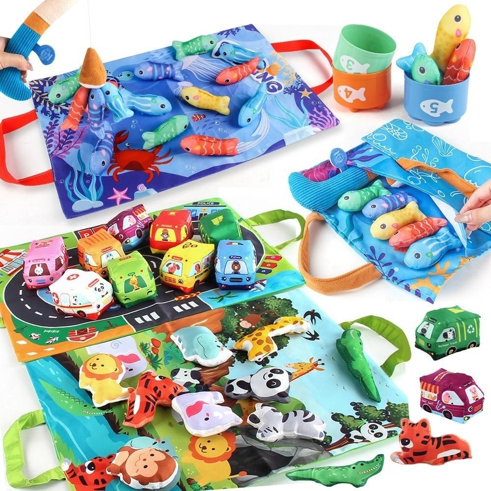6/9pcs Set with Play Mat Soft Cloth Car Toy Soft Cloth Montessori Toy Sound Paper Rattle Toy Baby