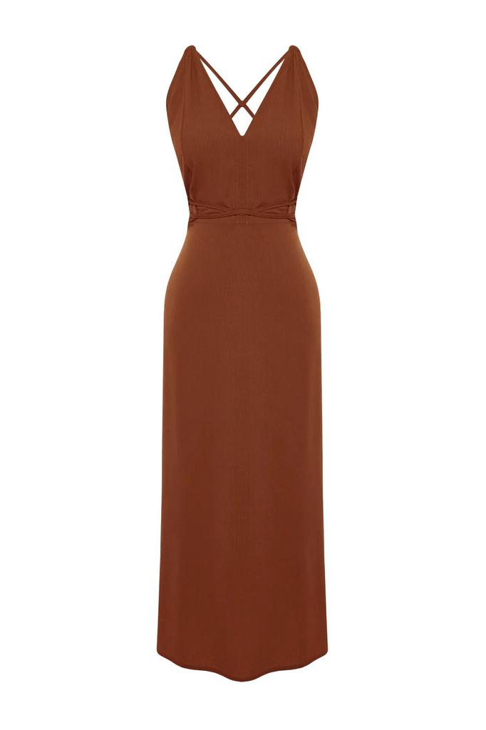 Женское стильное платье Черное тканое пляжное платье миди с открытой спиной