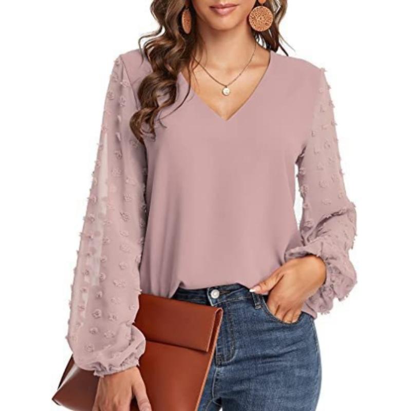 Женская одежда Рубашка с V-образным вырезом Повседневная однотонная рубашка для весны и осени