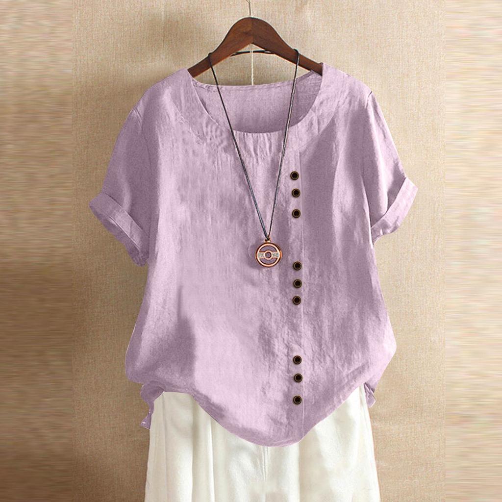Women's Fashion Casual Solid Color Round Neck Short Sleeve Cotton Linen T-Shirt Top