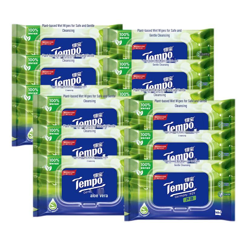 Tempo Aloe Portable Wet Wipes, 40 Sheets, 12 Packs