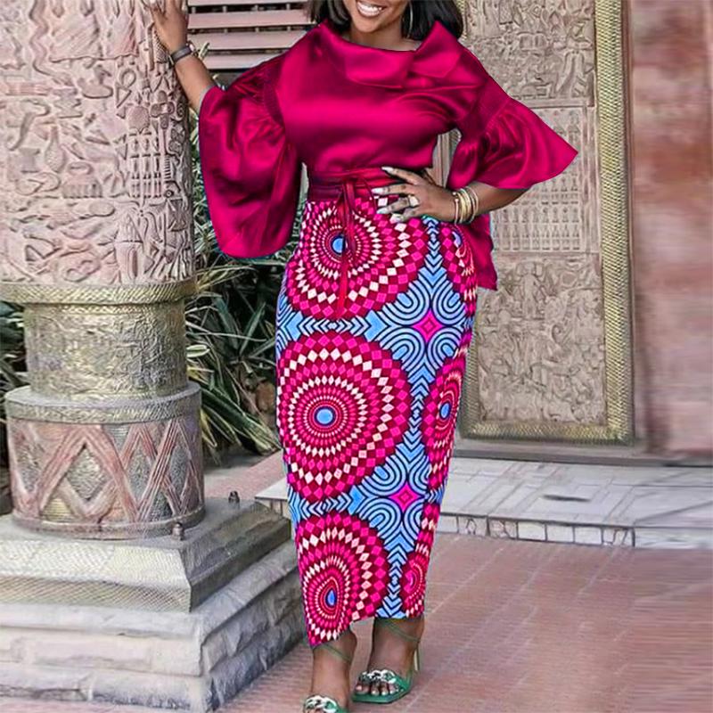 Женский топ большого размера с расклешенным воротником и длинными рукавами с принтом 