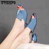 Blue Soft Leather Slippers Low Heeled Sandals Women's Thick Heeled Peep Toe Flip Flops New Fashion Summer