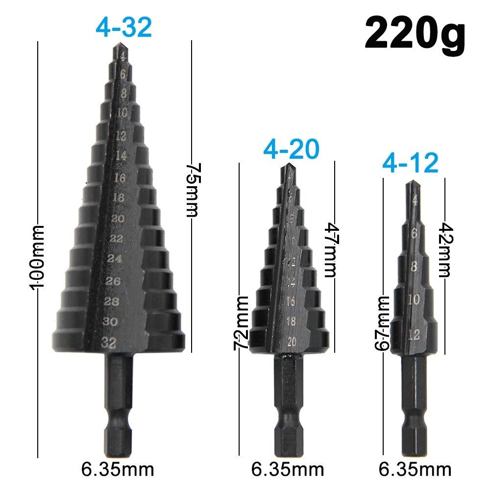 3 шт шестигранный хвостовик прямой канавки черное ступенчатое сверло 4-12/4-20/4-32 мм развертывающее ступенчатое сверло пагода электрический инструмент сверлильный набор