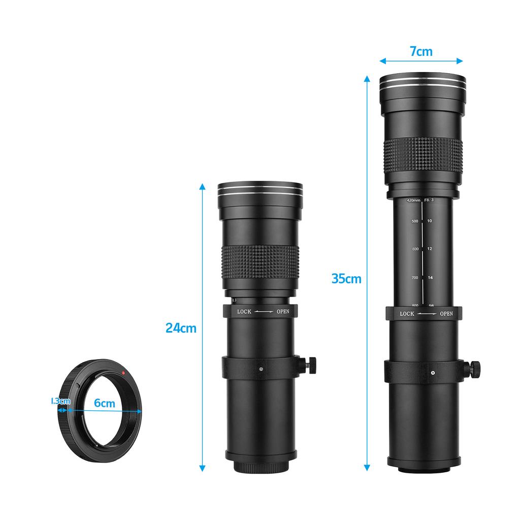 Супертелеобъектив с зумом для камеры MF F/8,3–16 420–800 мм, крепление T2 с переходным кольцом для крепления AI